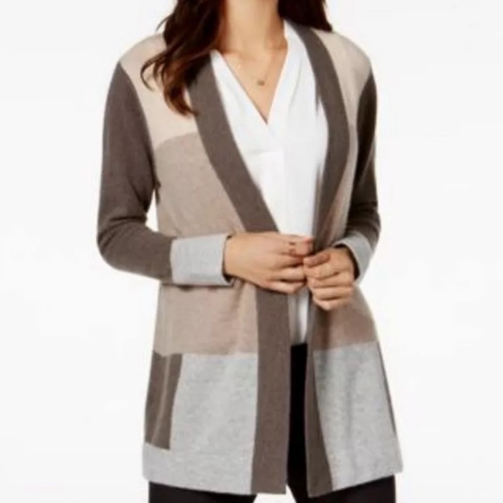 Charter Club Luxury Cashmere Cardigan Sweater Cream/Brown M